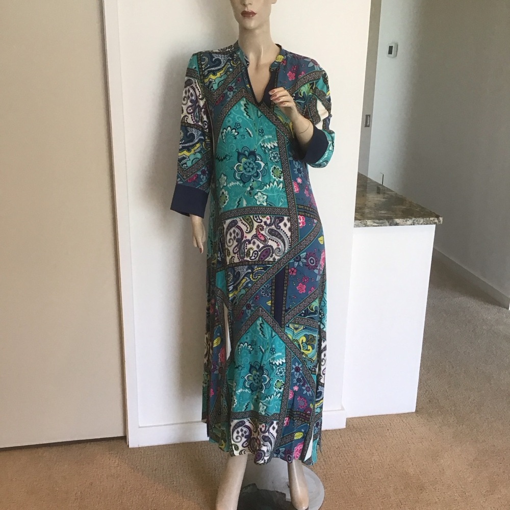 N Natori Teal‎ Blue Floral Paisley Patchwork Print Boho Caftan Maxi Dress S